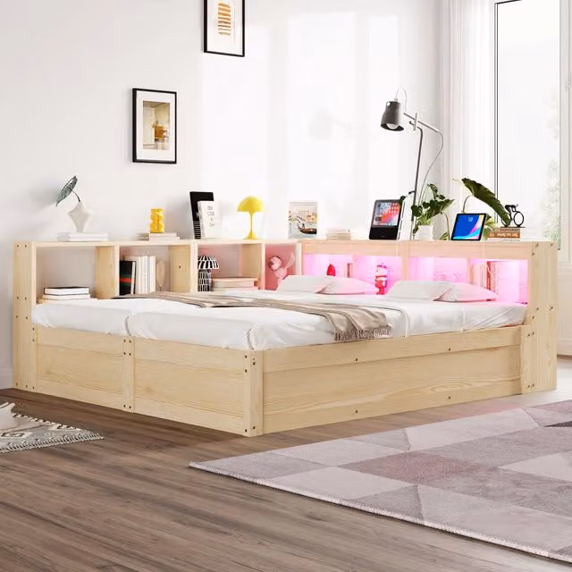 Letto multifunzione 90/180x200 cm con prese integrate; contenitore e LED; colore naturale