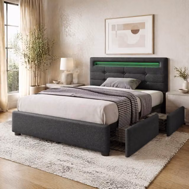 Letto singolo 90x200 cm in lino grigio con LED; 2 cassetti e materasso a molle insacchettate