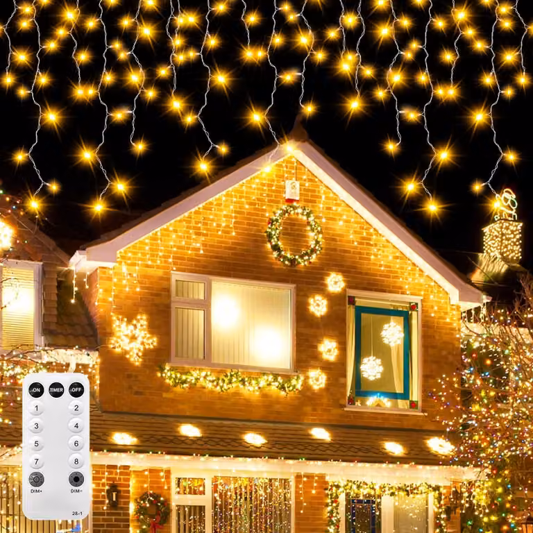 Catena luminosa da 10 metri, con 400 LED, luce bianco caldo, grado di protezione IP44, con telecomando e timer