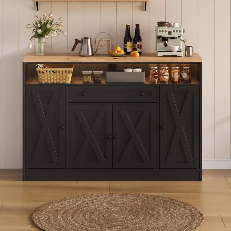 Mobiletto da cucina laterale Merax con 4 ante a griglia e cassetto, comò con illuminazione LED, mobile da soggiorno con frontali a forma di X in MDF, colore nero