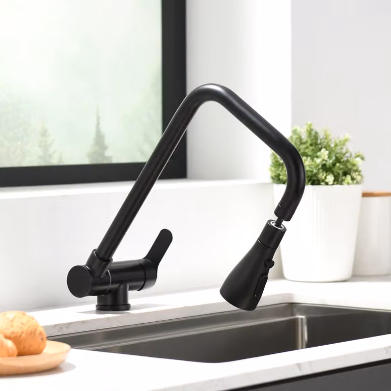 Rubinetto da cucina pieghevole, girevole a 360°, con 3 modalità di spruzzo, colore nero