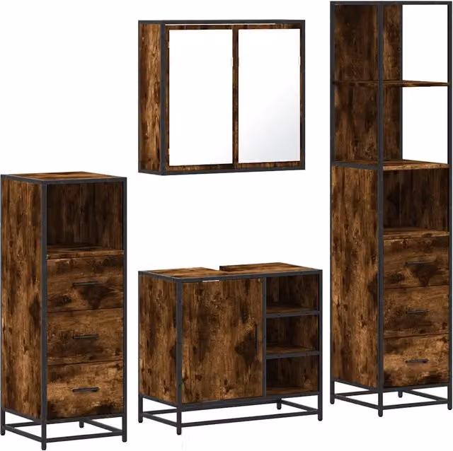 Set Mobili da Bagno | Armadio da bagno 4 pz Rovere Fumo in Legno Multistrato