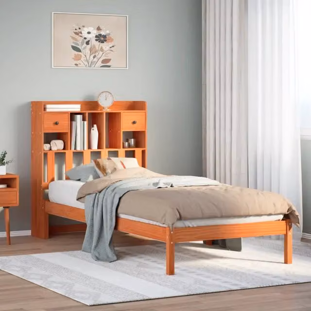 Letto Libreria vidaXL in Legno di Pino Marrone Cera con Ripiani Laterali L/P/H: 200 x 100 x 110 cm – 1