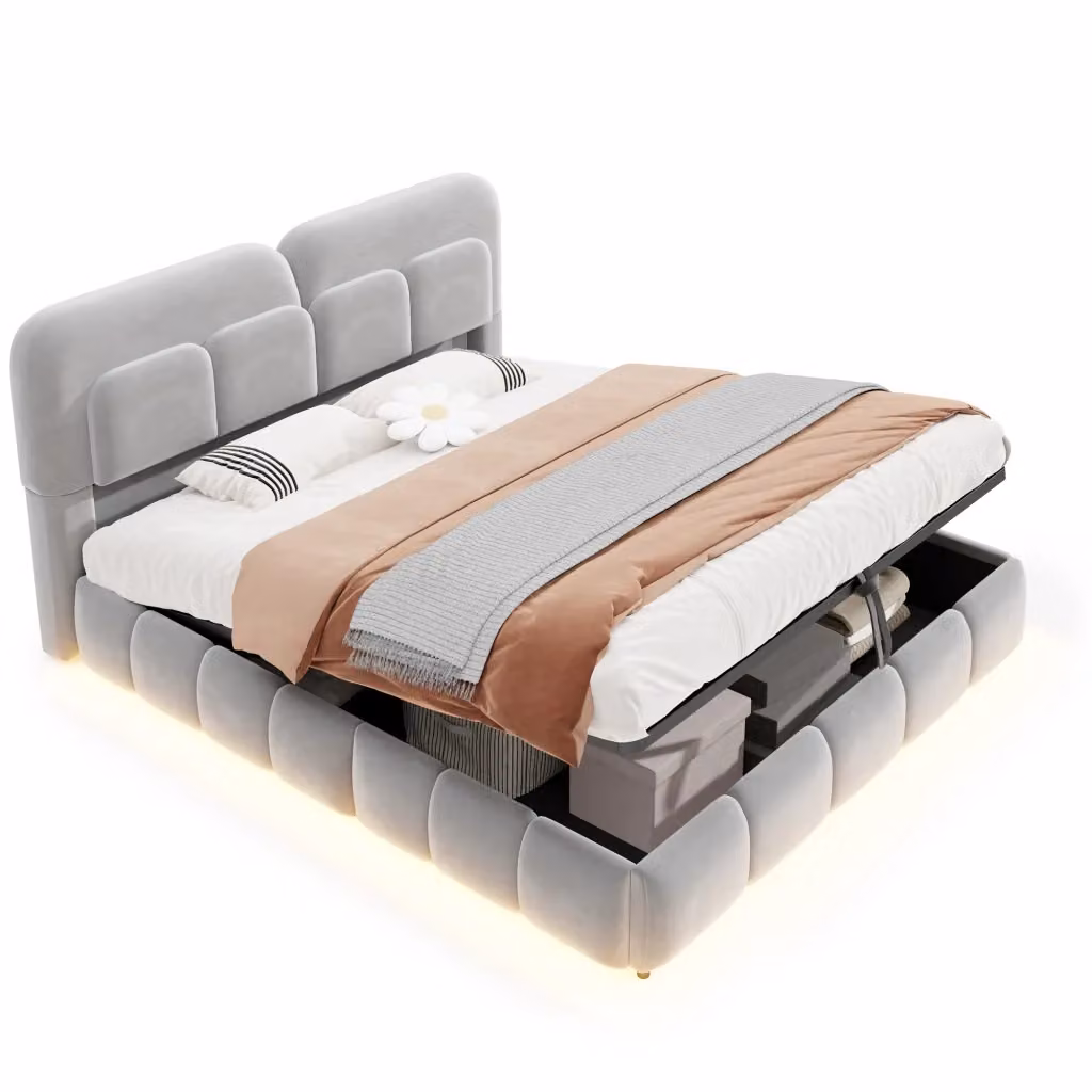 Letto matrimoniale contenitore moderno in tessuto beige con luce LED e vano idraulico L/P/H: 140 x 200 cm – 2