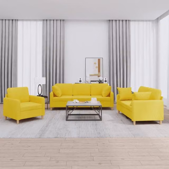 Set di Divani 3 pz con Cuscini Giallo Chiaro in Tessuto 3202075