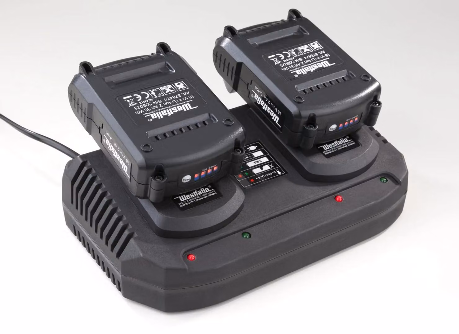 Kit batteria 2 x 18V 2Ah Li-Ion + Caricabatteria Doppio Rapido per serie Utensili 18V