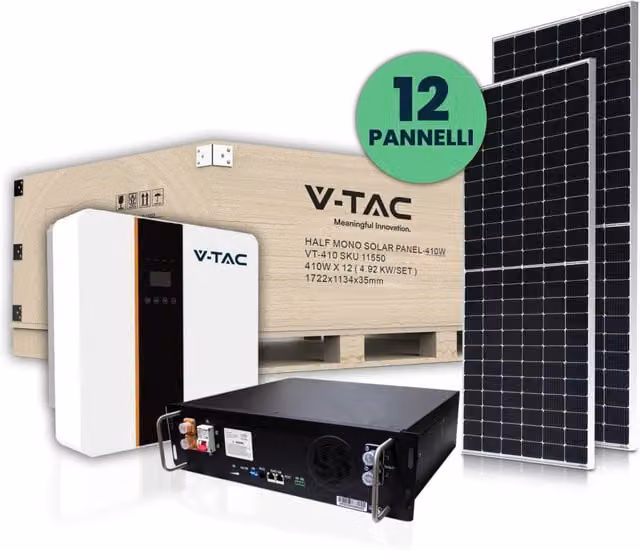Kit fotovoltaico V-TAC 5kW con batteria di accumulo LiFePO4 5kWh, inverter monofase ibrido e 12 pannelli solari monocristallini da 410W, colori argento e bianco