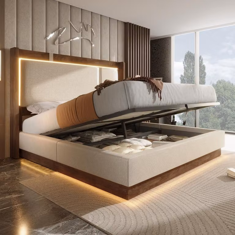 Letto imbottito 180x200 cm con contenitore, illuminazione LED e rete a doghe, letto matrimoniale idraulico rivestito in lino beige con testiera, dimensioni 209x196x110 cm