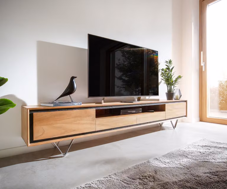 DELIFE Mobile basso Stonegrace, 240 cm, legno di acacia naturale, 2 ante, 1 ripiano, 2 cassetti, impiallacciatura effetto pietra, gambe a forma di "V"