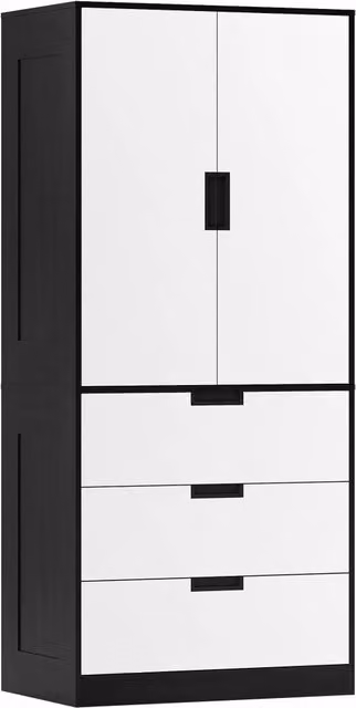 Armadio 2 Ante con 3 Cassetti 80x50x180 cm con Barra Appendiabiti in Melamina Nero Bianco
