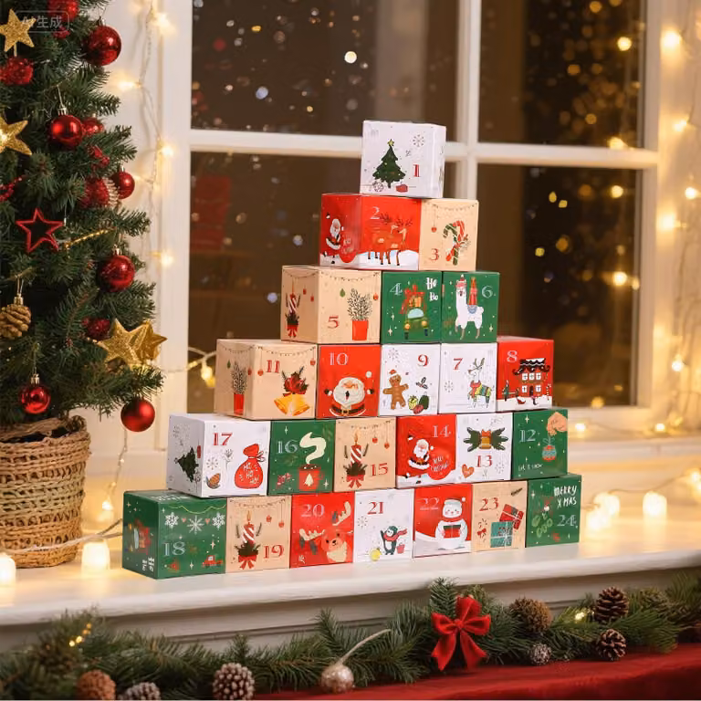 Calendario dell'Avvento da riempire, con 24 scatole, rosso/verde, e numeri adesivi