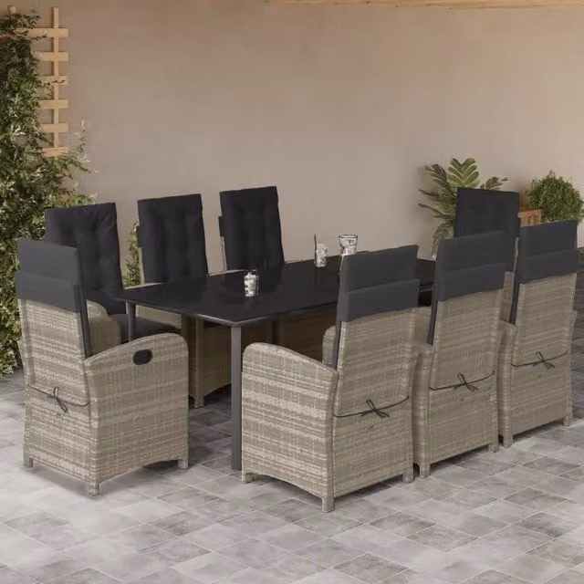 Set da pranzo da giardino vidaXL in polyrattan con tavolo in vetro e 9 pezzi, colore antracite
