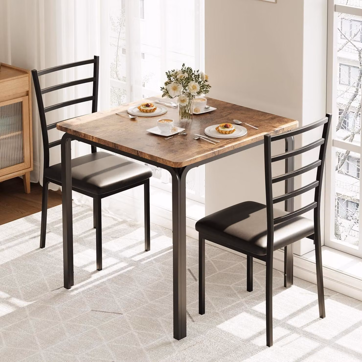 Set da pranzo per cucina, composto da un tavolo quadrato e 2 sedie imbottite, salvaspazio, color marrone
