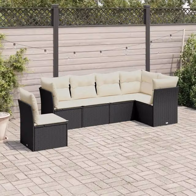 Set Divano da Giardino 6 pz con Cuscini-Sofa da Giardino-Divanetto da esterno Nero in Polyrattan 219125