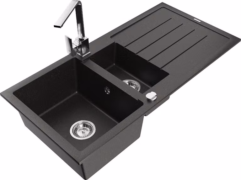Mexen Andres lavello in granito 1,5 vasche con gocciolatoio e miscelatore cucina Rita, nero/oro metallizzato- 6515-75-670300-00