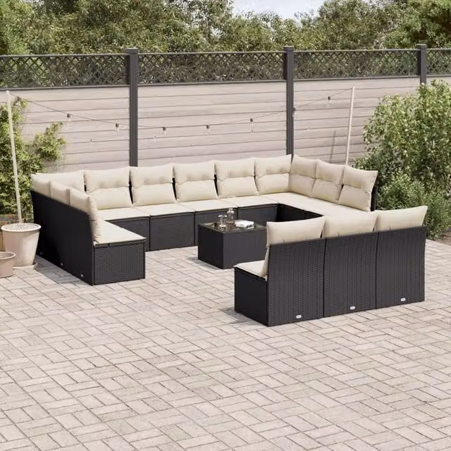 Set di divani da giardino a forma di U VIDAXL in polyrattan nero con 14 pezzi e cuscini inclusi