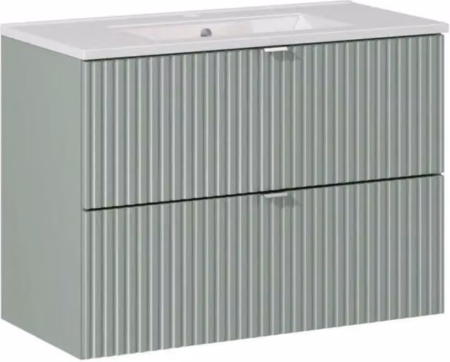 Set da bagno sospeso ELVINA 80cm: mobile sotto lavabo con cassetti verde salvia grigio + lavabo incassato bianco