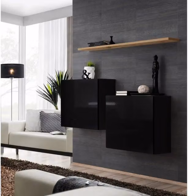 Composizione murale SWITCH SBI - Cubi sospesi e mensola - Nero lucido e quercia Wotan - Design moderno