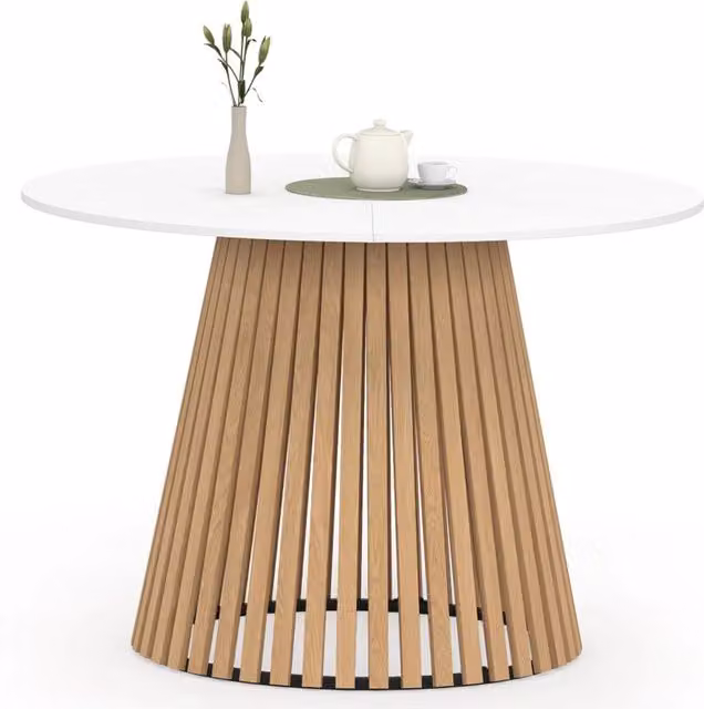 IDMarket Tavolo da pranzo rotondo CARMEN per 6 persone con piano bianco e gambe in legno marrone, Diametro: 110 cm, Altezza: 75 cm