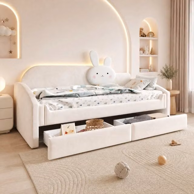Letto bambino 90x200 cm con divano, tessuto velluto beige, con cassetti contenitori e illuminazione LED