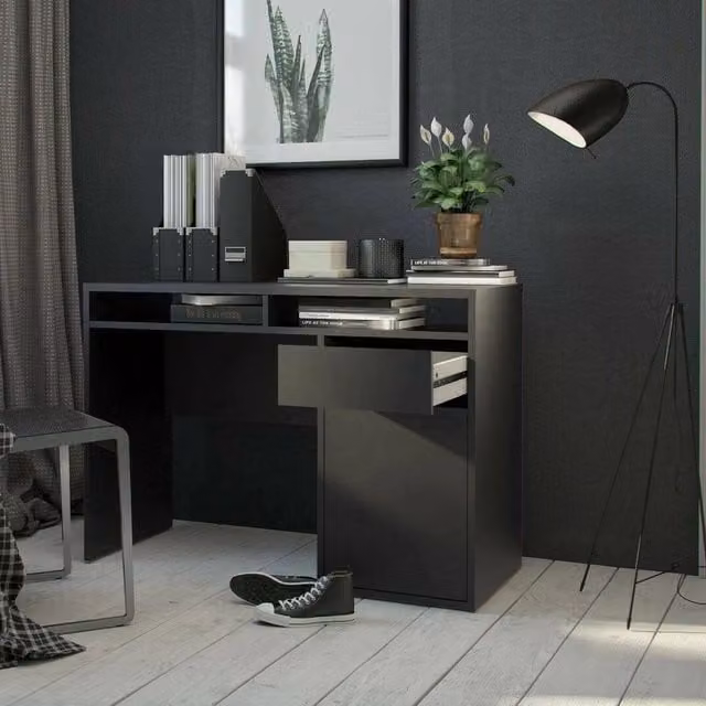 Scrivania DMORA moderna per ufficio e casa, tavolo porta PC nero, L 110 cm x P 48 cm x H 77 cm – 1