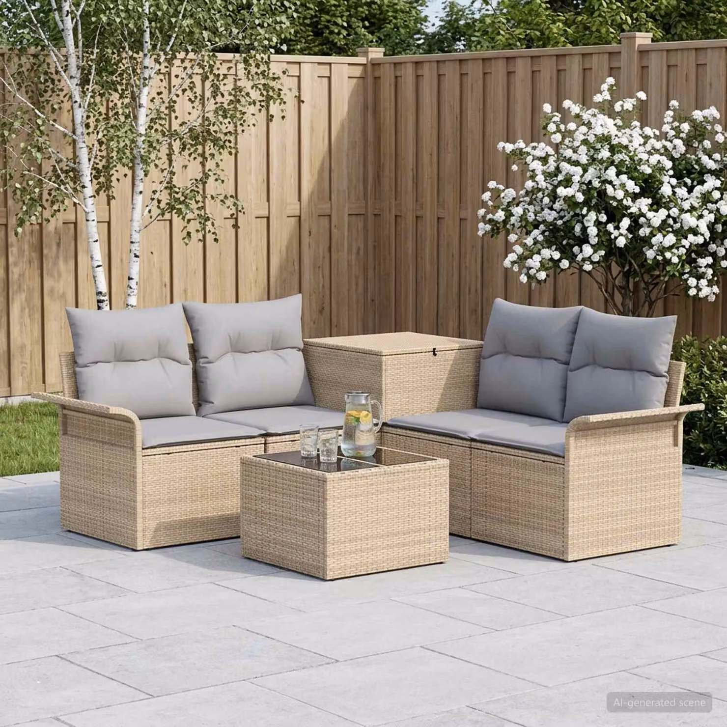 Set di divani da giardino vidaXL a forma di L composto da 6 pezzi con tavolino, colore beige e grigio, struttura in metallo e cuscini inclusi