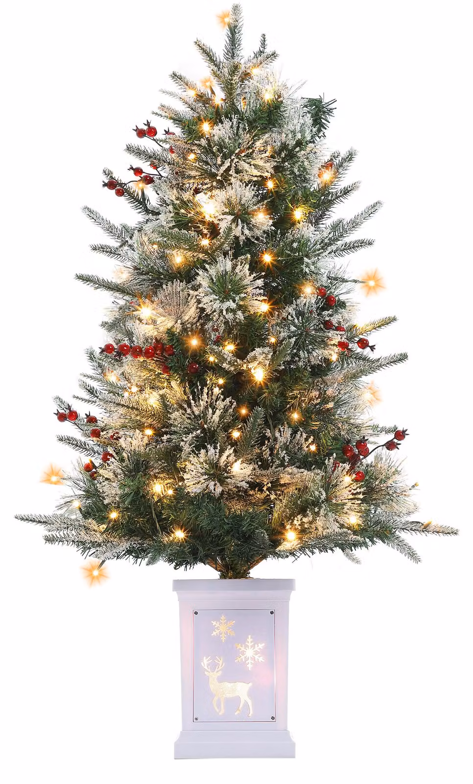 Albero di Natale artificiale, innevato, 90 cm (3.0 piedi), con rami fitti che ricordano un abete o un pino, con luci LED e punte degli aghi innevate. Montaggio con sistema a cerniera, dotato di base in metallo