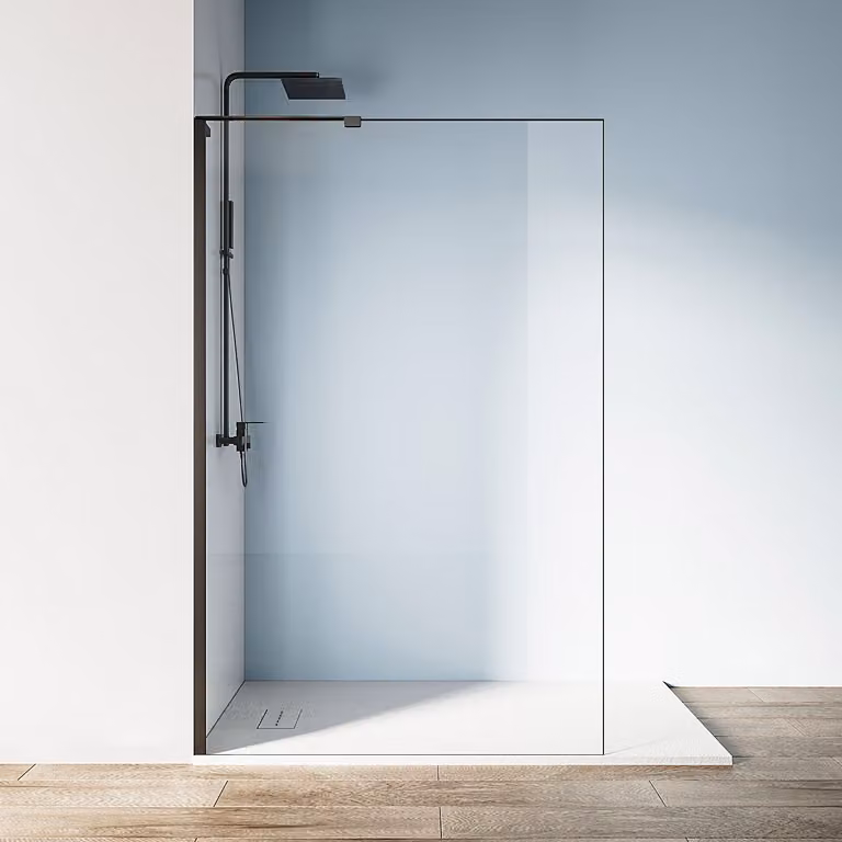 SONNI Schermo doccia walk in nero, 90x200cm con barra di contenimento a L, vetro NANO 6mm