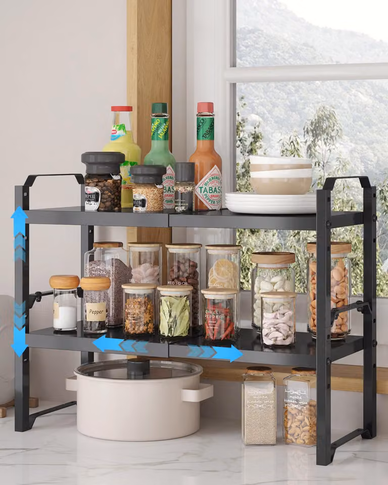 Scaffale espandibile per cucina, confezione da 2, colore nero