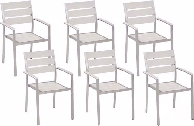 Set di 6 sedie da giardino Beliani bianche con schienale in alluminio e braccioli impilabili