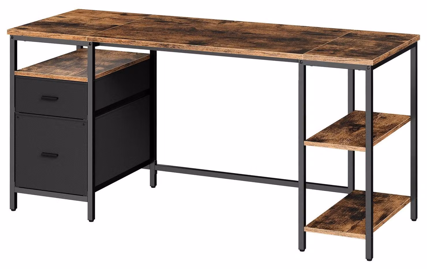 Scrivania con 3 ripiani e 2 cassetti | Colore marrone e nero | Dimensioni: 160x60x76 cm