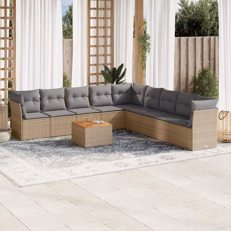 vidaXL Set Divano da Giardino 10 pz a Forma a L con Cuscini Beige e Grigio in Polyrattan e Legno di Acacia