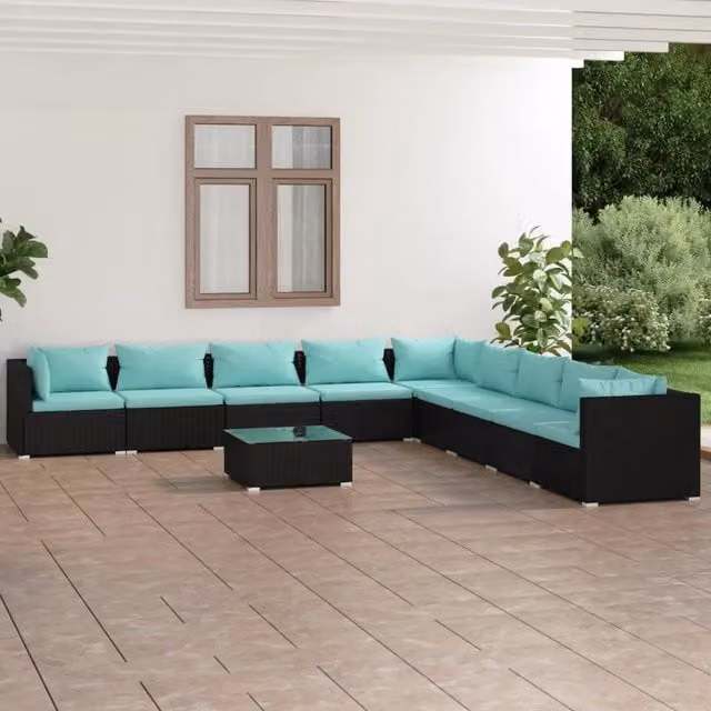 Set da giardino vidaXL composto da 10 pezzi con divani a forma di U, tavolino e cuscini in polyrattan nero e blu – 1