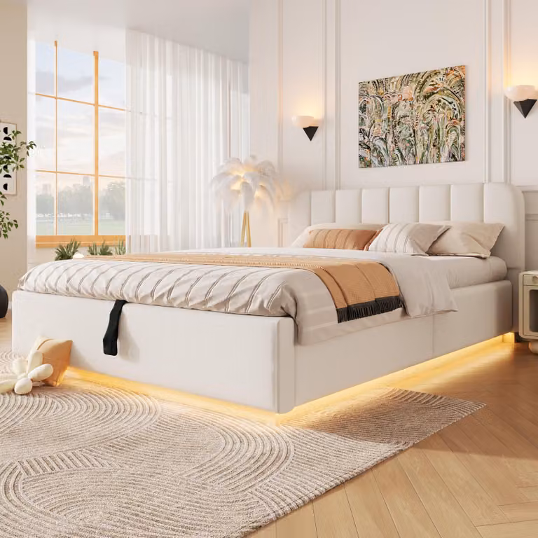 Letto matrimoniale idraulico imbottito 140x200 cm, rivestito in ecopelle, con contenitore a sollevamento idraulico, letto per ragazzi con rete a doghe, in tessuto tipo ciniglia, color beige
