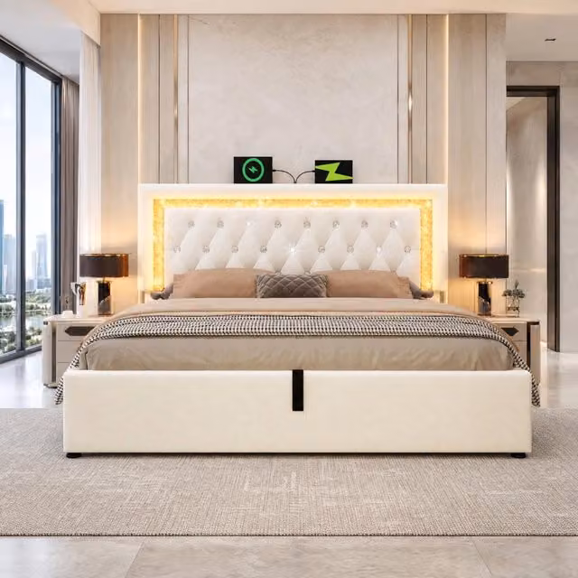 Letto 180x200 cm con LED, USB e contenitore idraulico in velluto beige