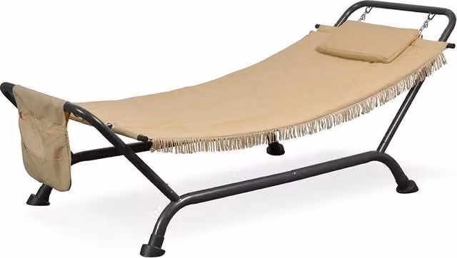 Amaca da giardino Taddei Panama con struttura in acciaio verniciato e cuscini in poliestere beige e grigio
