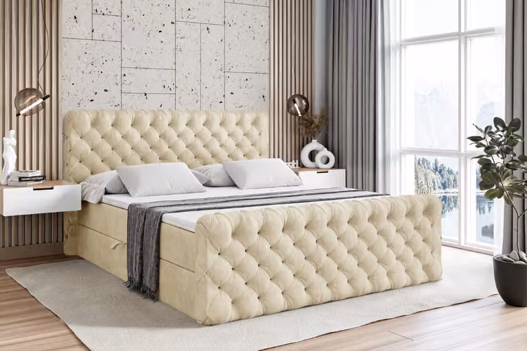Letto boxspring ALTDECOR con pediera, materasso H4 e topper - 120x200 cm - BOXI8-Z - Velluto beige - Letto imbottito con contenitore e rete a doghe, letto con spazio contenitivo