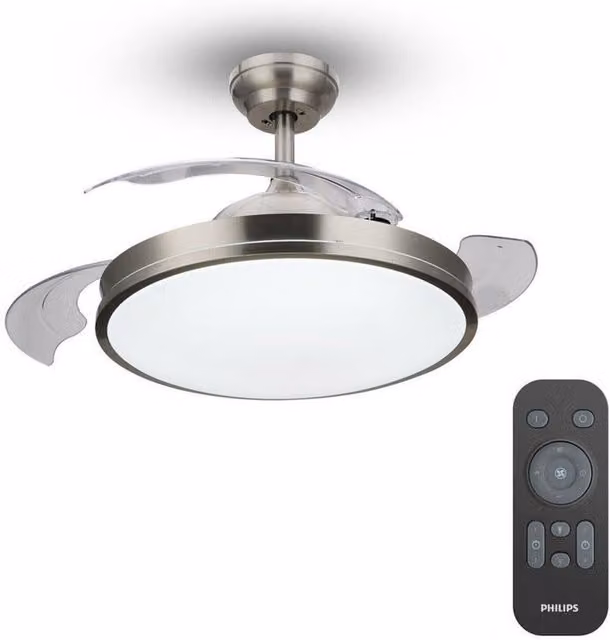 Ventilatore da soffitto Philips Bliss con pale retrattili trasparenti, struttura in metallo argento e luce LED, telecomando incluso, ø 48.5 cm