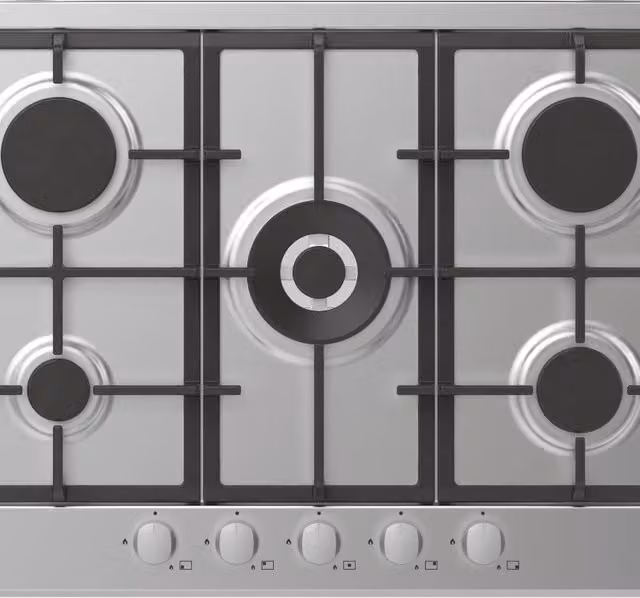 Piano cottura a gas Candy Timeless CHG74WX con 5 fuochi e griglie in ghisa, Acciaio Inox e Argento
