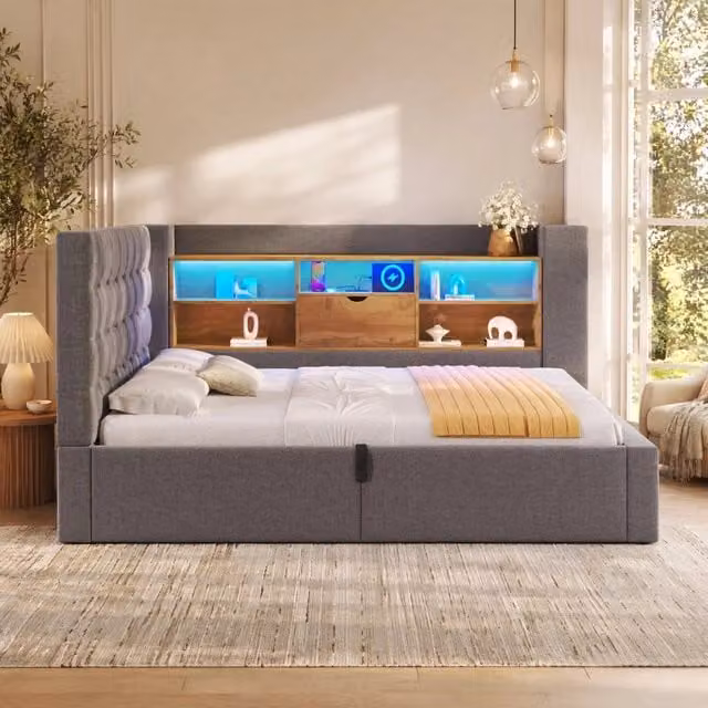 Letto singolo imbottito 90 × 200 cm con materasso contenitore LED prese USB tessuto di lino grigio
