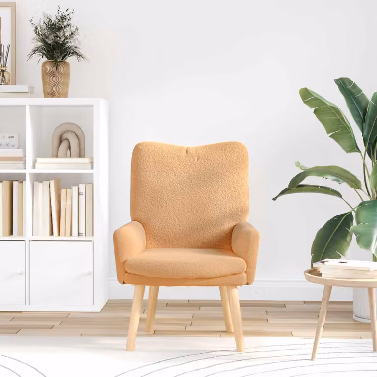Poltrona moderna vidaXL color beige con braccioli in tessuto e legno di gomma, L: 63 cm, P: 67 cm, H: 94 cm