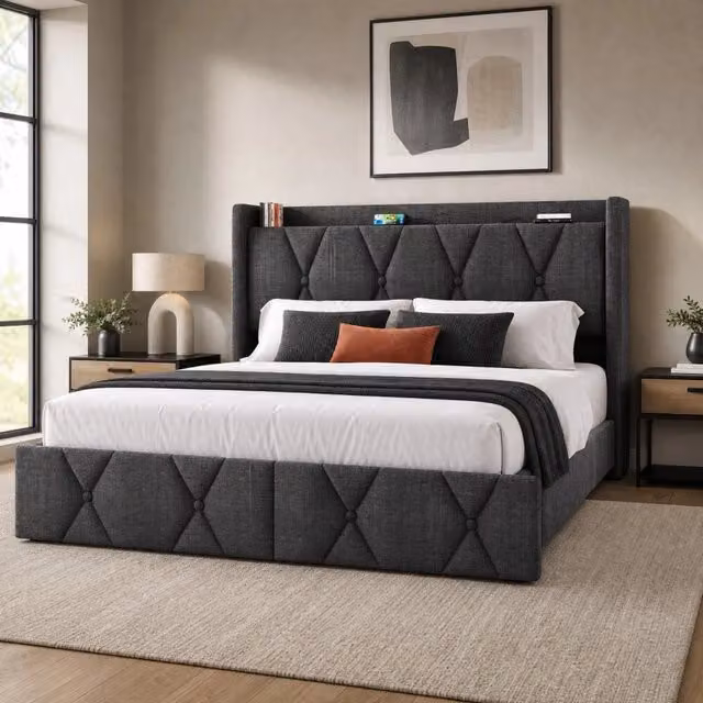 Letto matrimoniale grigio 140x200 cm con testiera imbottita, caricatore USB e 4 cassetti contenitori, struttura in lino senza materasso