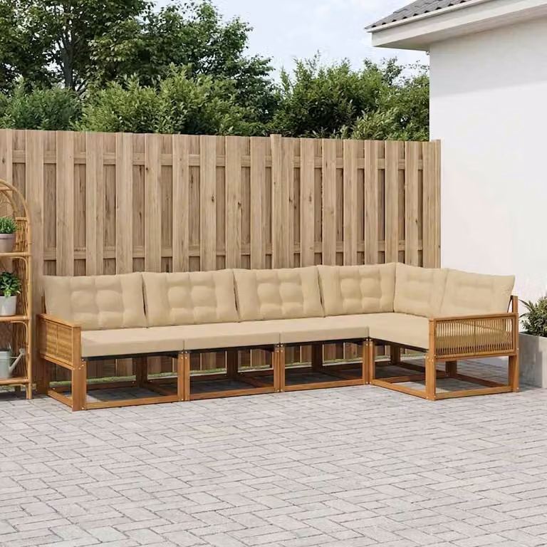 Set di divani da esterno vidaXL a forma di L composto da 5 pezzi in legno di acacia e tessuto textilene, colore marrone e beige