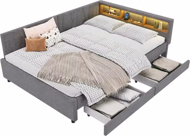 Letto a Divanetto Moderno Grigio con Illuminazione LED, Porte USB e Type-C, Ripiani e 2 Cassetti, L/P/H: 140 x 200 x 70.5 cm – 1