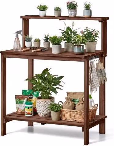 VEVOR Armadietto Banco per Giardinaggio, Postazione di Lavoro per Giardinaggio all'Aperto con Piano in Legno da 91 x 49.5 x 108.5 cm, con Ripiani Portaoggetti, Gancio per Patio Esterno, Cortile, Marrone