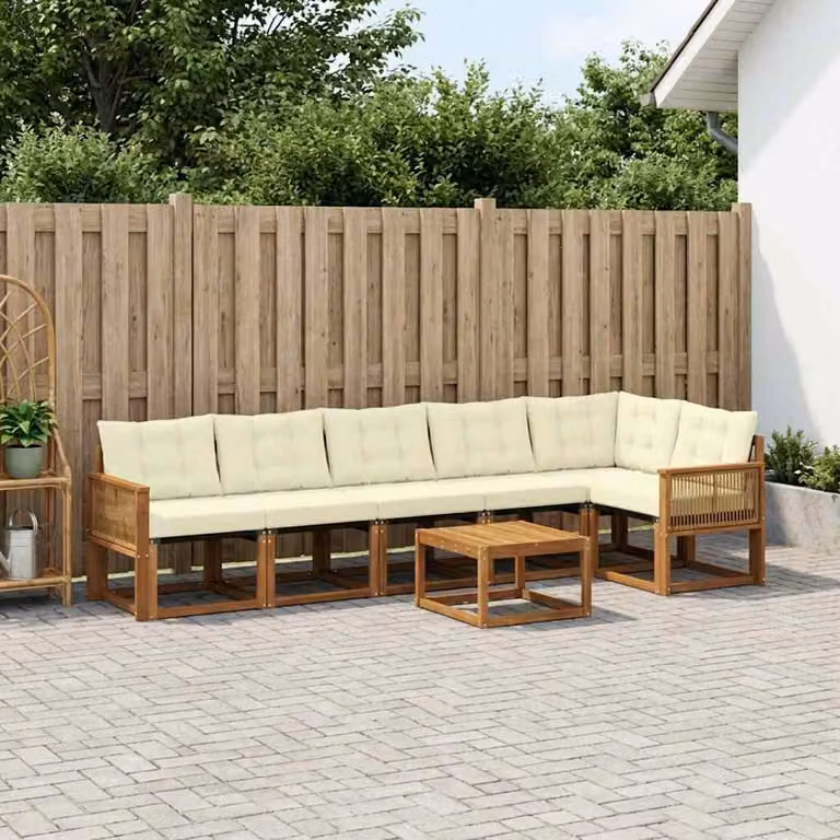Set di divani da esterno vidaXL a forma di L composto da 7 pezzi in legno di acacia con cuscini beige e marrone e tavolino da caffè per giardino e terrazza