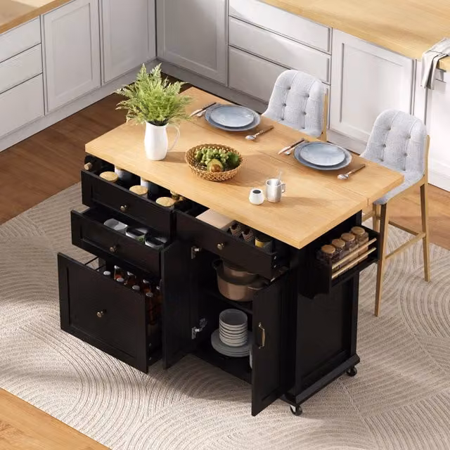 Mobile isola cucina con ruote e tavolo estraibile - Zephmum - Nero - Cassetti multifunzionali