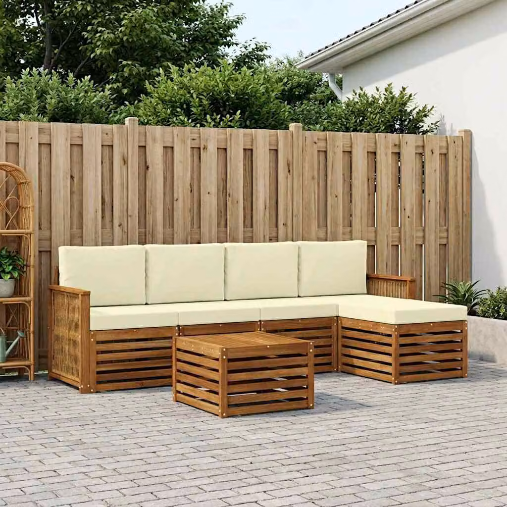 Set di divani da esterno vidaXL a forma di L in legno di acacia con tavolino e pouf, colore marrone, bianco e beige