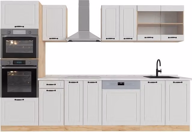 Cucina componibile Vicco R-Line in stile country house, Bianco rustico e Rovere dorato, L: 300 cm