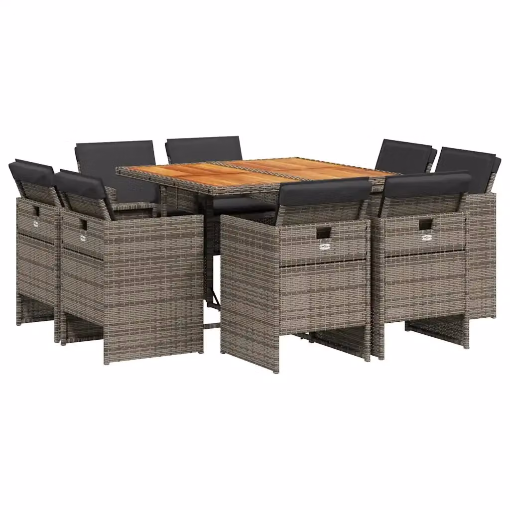 Set da Pranzo da Giardino vidaXL in Polyrattan e Legno di Acacia con 9 Pezzi, Grigio e Marrone – 2